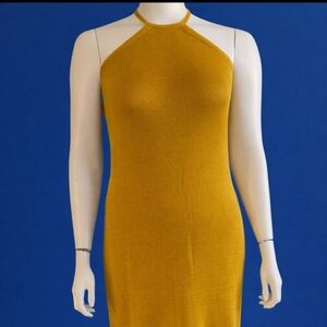 Ashley Stewart Mustard HalterMidi Dress with Bottom Fringe